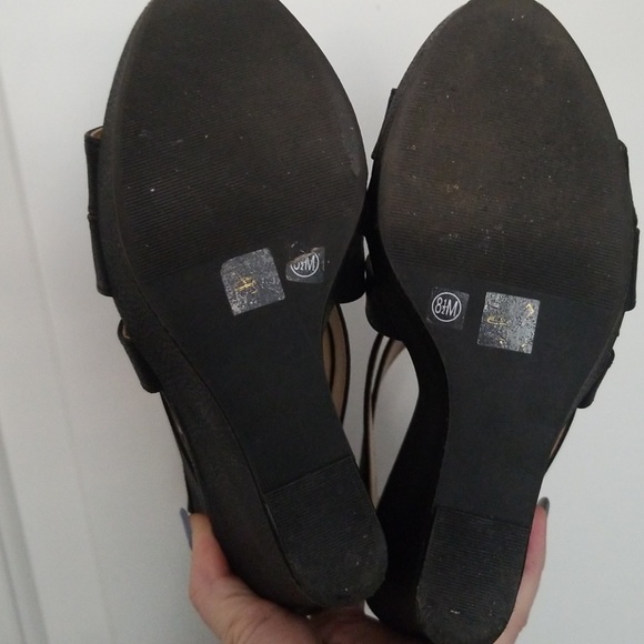 Black Faux Leather Strappy Criss Cross Wedges - Picture 6 of 7